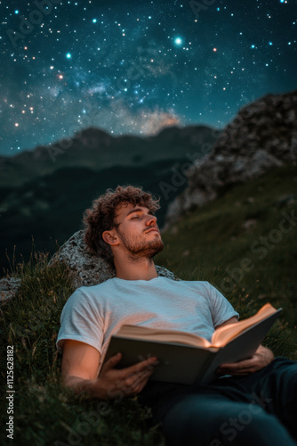 Stargazing, A young man relaxes outdoors at night, reading a book under a starry sky, surrounded by mountains and nature.