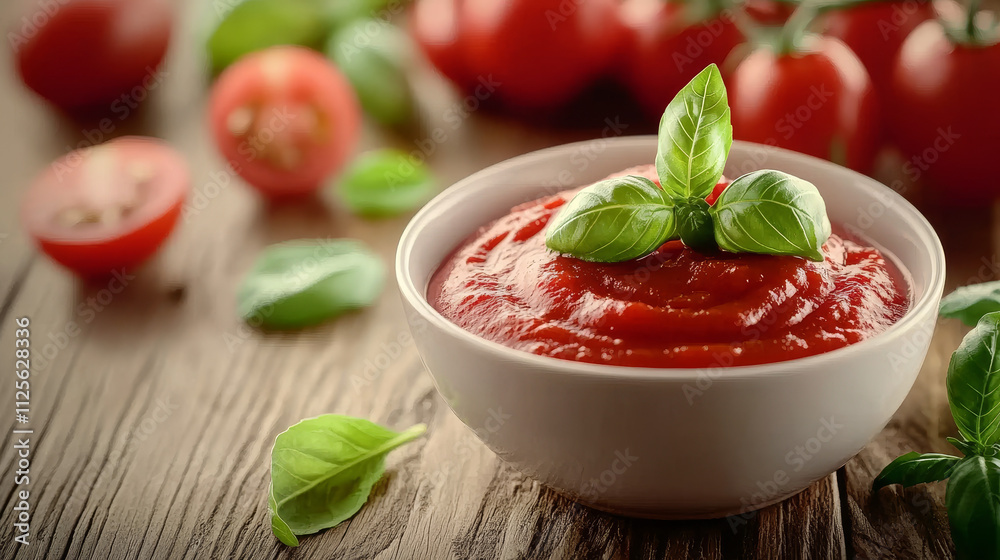 Fresh Flavors: Bowl of Sauce with Basil and Tomatoes Fresh Flavors: Bowl of Sauce with Basil and Tomatoes