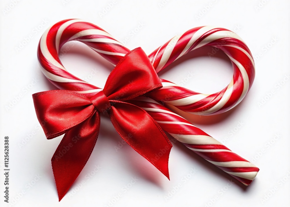 Festive Candy Cane with Red Bow on Clean White Background - Perfect for Holiday Celebrations, Christmas Decorations, and Sweet Treats Photography Festive Candy Cane with Red Bow on Clean White Background - Perfect for Holiday Celebrations, Christmas Decorations, and Sweet Treats Photography