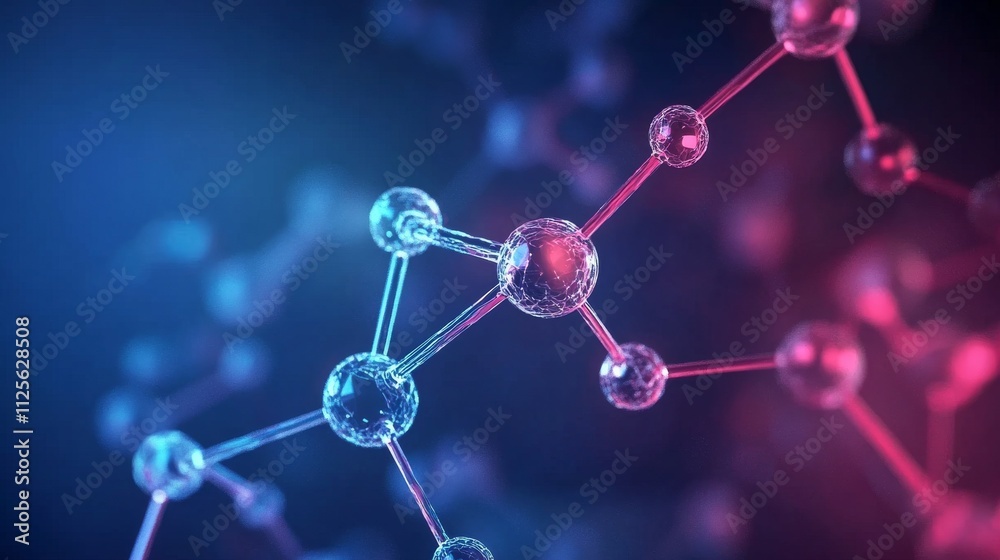 Colorful molecular structure with blue and pink glowing connections Colorful molecular structure with blue and pink glowing connections
