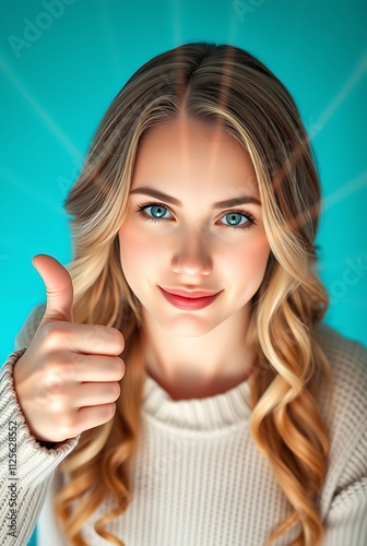 Young blonde woman in a cozy sweater giving a thumbs-up gesture, standing against a solid teal background, expressing positivity and confidence