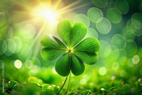 Four-leaf clover with a vibrant green background, showcasing tilt-shift photography. Perfect for St. Patrick's Day, symbolizing good luck and celebrating nature's beauty.