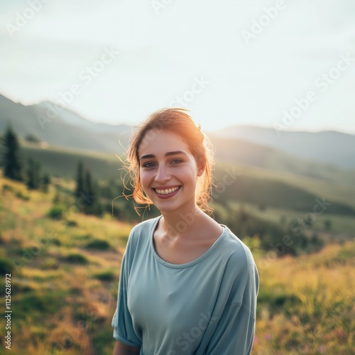 Happy woman smiling in a mountain landscape at sunset.