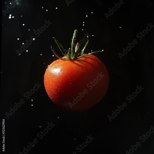 Fresh red tomato suspended against black background with water droplets.