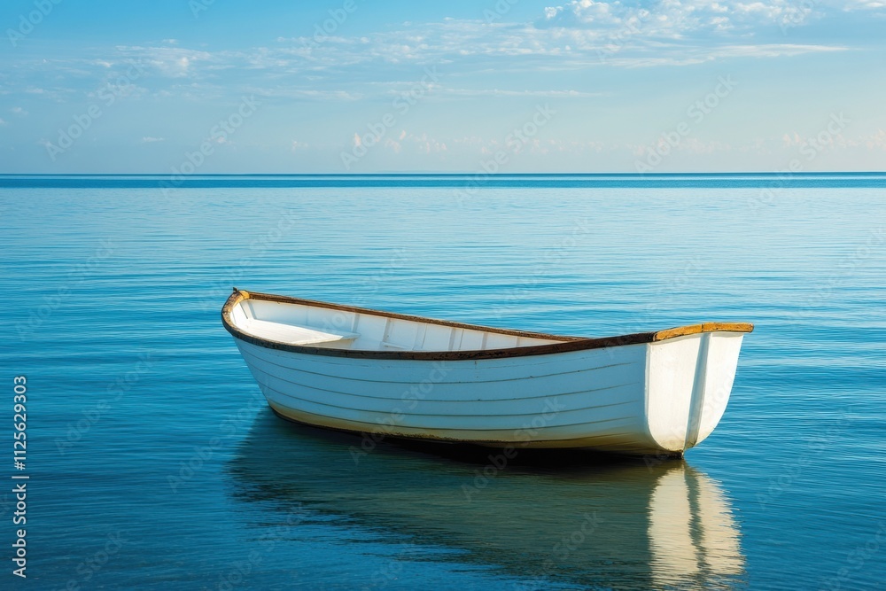 A solitary boat floats peacefully on tranquil water, creating a serene setting perfect for reflection and mindfulness. Ideal for adding text. Generative AI A solitary boat floats peacefully on tranquil water, creating a serene setting perfect for reflection and mindfulness. Ideal for adding text. Generative AI