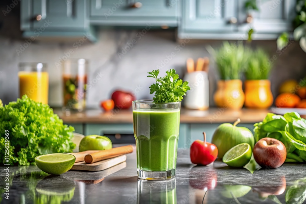 Fresh green juice on a marble countertop sets a vibrant tone for a healthy morning routine, offering a refreshing and nutritious start to your day. Fresh green juice on a marble countertop sets a vibrant tone for a healthy morning routine, offering a refreshing and nutritious start to your day.