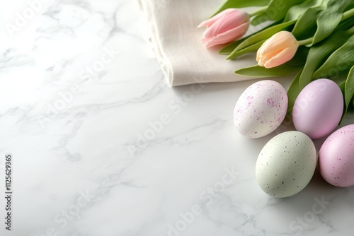 Easter pastel eggs and tulips on marble surface with linen napkin