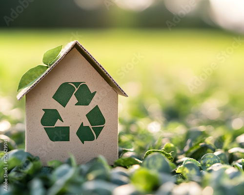 A cardboard house with a recycling symbol, placed on green leaves, promoting sustainability. photo