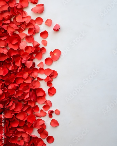 Vibrant red rose petals scattered on a smooth white surface for romantic ambiance photo