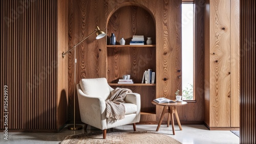 Generative AI, A serene reading nook with a warm oak wood interior, modern furniture, and soft natural lighting