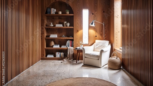 Generative AI, A serene reading nook with a warm oak wood interior, modern furniture, and soft natural lighting