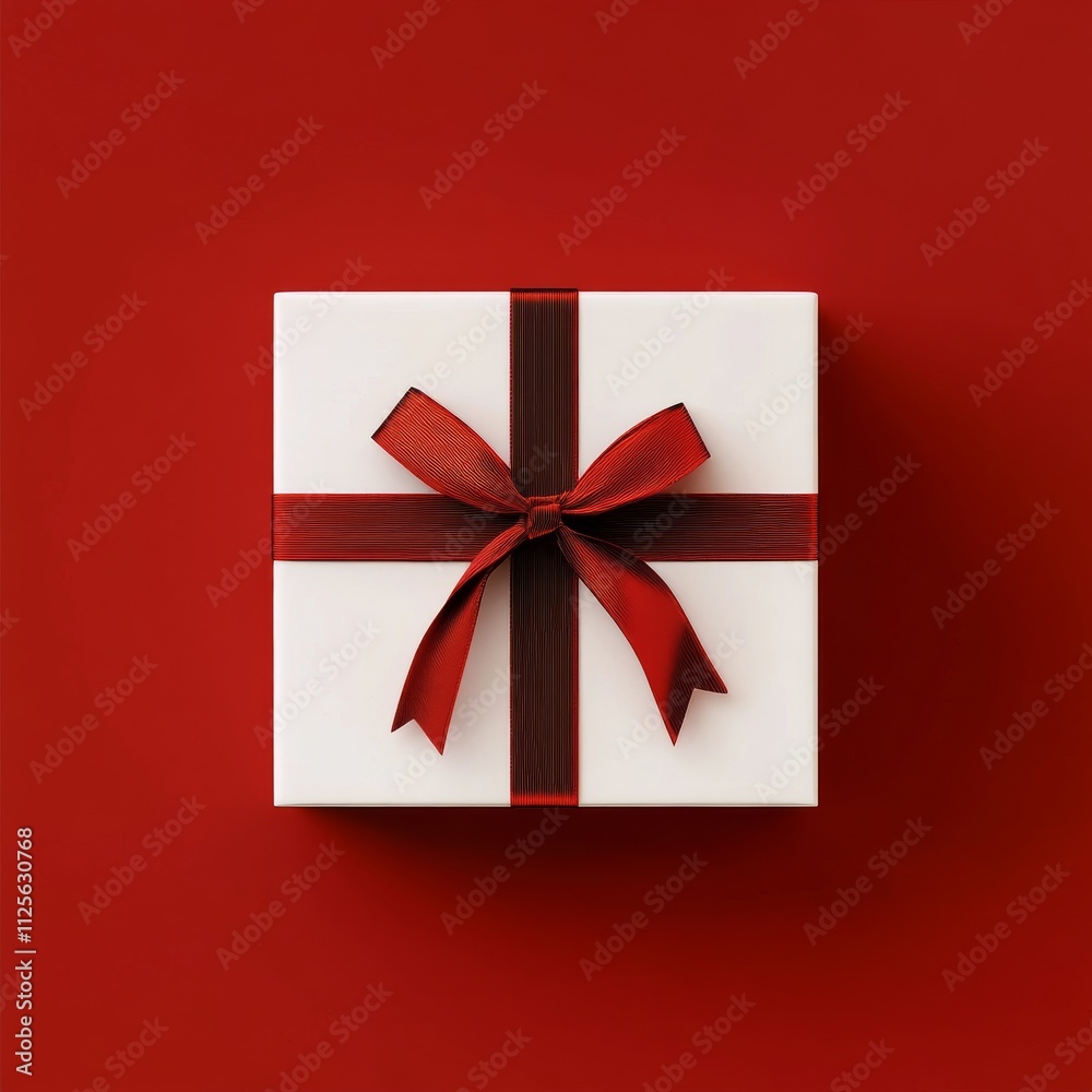 White gift box with red ribbon on red background White gift box with red ribbon on red background