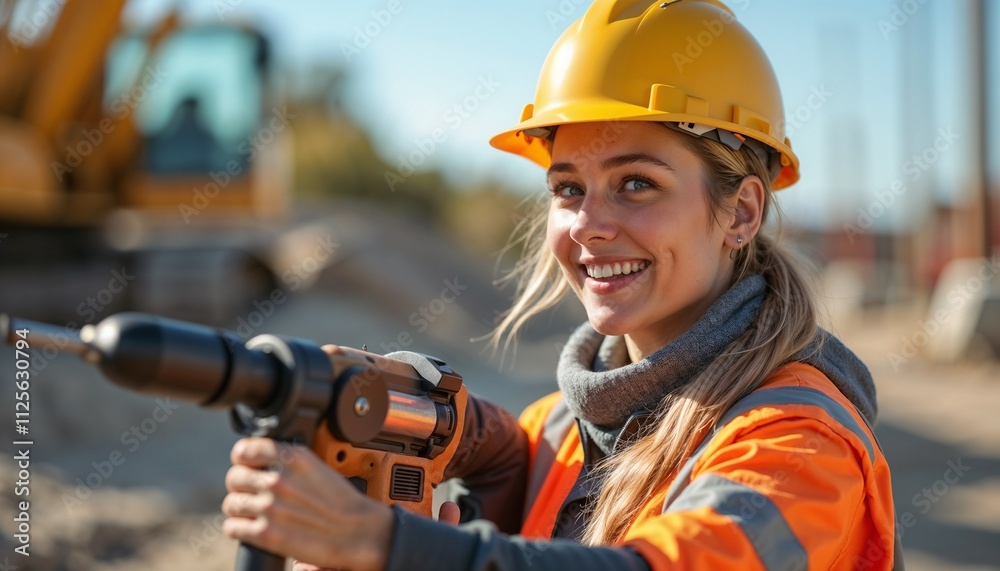 Smiling female construction worker with a drill on a construction site, wearing safety gear, breaking stereotypes Smiling female construction worker with a drill on a construction site, wearing safety gear, breaking stereotypes