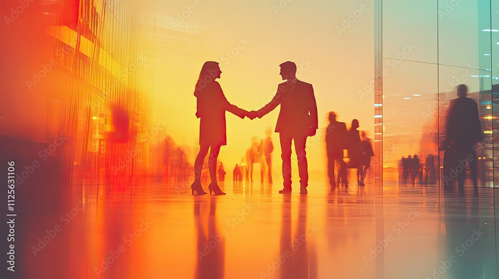 Fototapeta premium Silhouetted businesspeople shaking hands in a busy modern city setting at sunset.