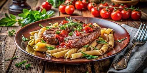 Grilled Steak with Penne Pasta and Tomato Sauce - Perfect Dinner Dish, Culinary Delight, Italian Cuisine, Comfort Food, Delicious Recipe, Gourmet Meal, Food Photography, Tasty Dinner Ideas