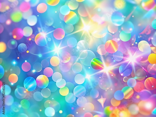 Holographic Memphis confetti and rainbow patterns create a vivid background with a bokeh effect, perfect for vibrant designs and contemporary art projects.