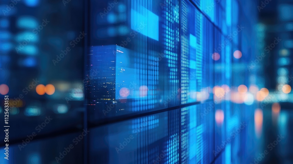 glass wall of a modern business office building in city in blue light and blurred background, business concept glass wall of a modern business office building in city in blue light and blurred background, business concept