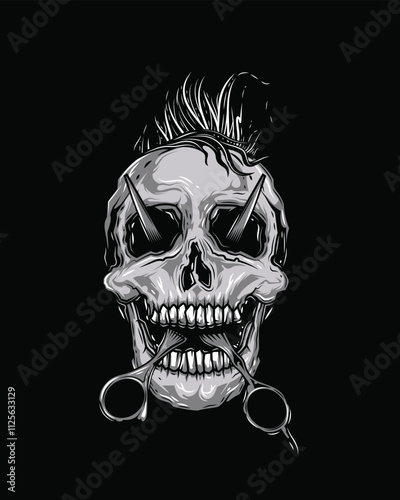 Barbershop logo. Skull with mohawk and scissors in mouth coming out of eyes. Original vector illustration in vintage style. T-shirt design.