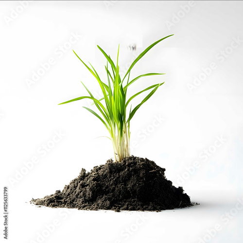 Photographic image of a handful of grass coming out of a small piece of earth completely white background it has to be on the ground with a small amount of earth photo