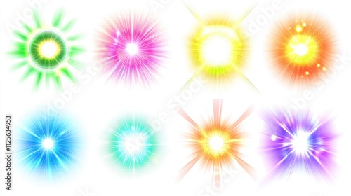 Glowing color light flair set. Isolated white background. Various colors of glowing lens flair. Fantasy collection. Light burst. Vibrant glowing color