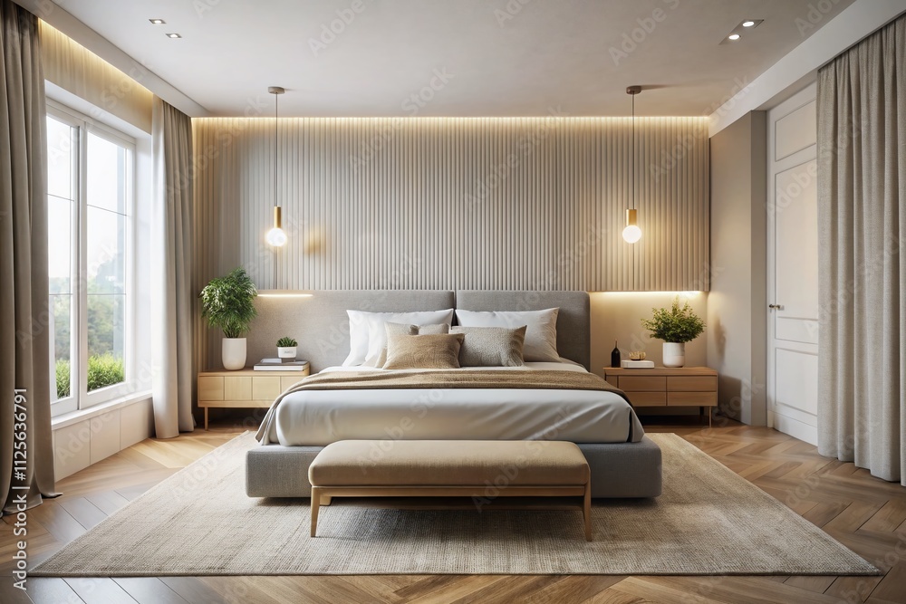 In a tranquil neutral-toned bedroom, a minimalist low-profile bed with an upholstered headboard enhances the space, ideal for capturing candid photography shots. In a tranquil neutral-toned bedroom, a minimalist low-profile bed with an upholstered headboard enhances the space, ideal for capturing candid photography shots.