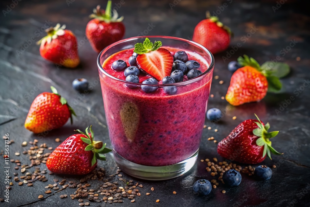 Indulge in a revitalizing blueberry and strawberry smoothie with chia seeds, perfect for promoting wellness. Enjoy this nutritious drink against a striking dark backdrop. Indulge in a revitalizing blueberry and strawberry smoothie with chia seeds, perfect for promoting wellness. Enjoy this nutritious drink against a striking dark backdrop.