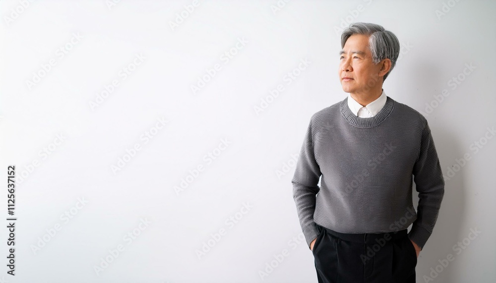 Fototapeta premium 白い背景の隅に立ち、首をかしげて落ち着いた表情を浮かべているアジア系の高齢男性。白髪の短髪、グレーのセーター、黒いスラックスの服装が、彼の穏やかで優雅な雰囲気を作り出しています。