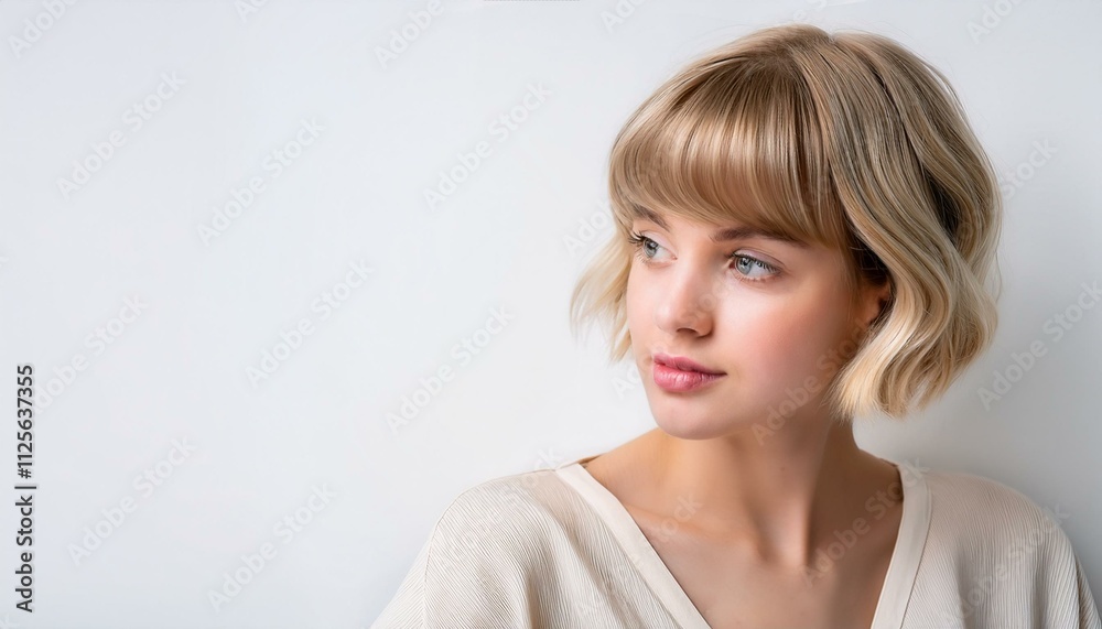 金髪ボブカットのヨーロッパ系少女が白い背景の前で、明るい色のワンピースを着て首をかしげている。
金髪ボブカットのヨーロッパ系少女が白い背景の前で、明るい色のワンピースを着て首をかしげている。