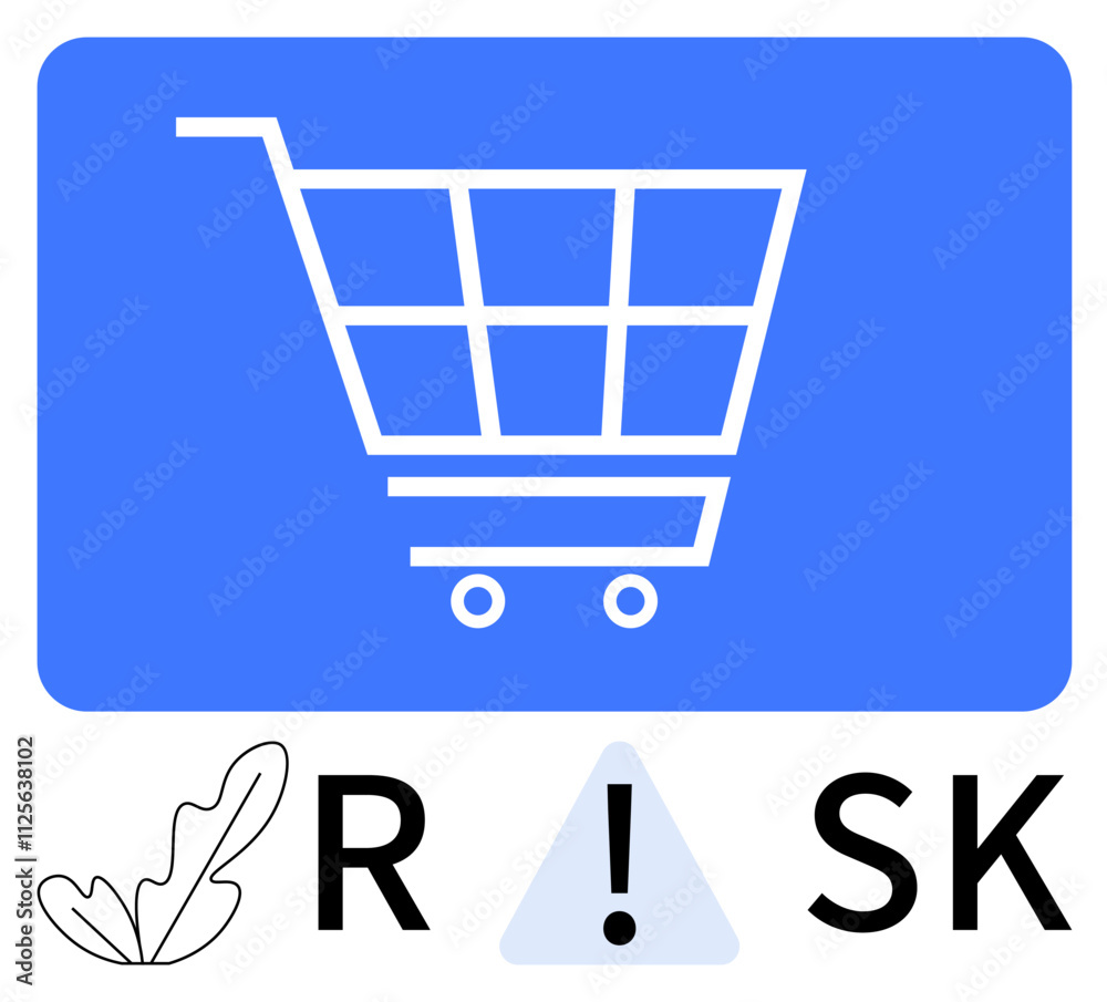 Shopping cart on blue rectangle, exclamation triangle between letters R and SK, leaf near R. Ideal for online shopping, e-commerce safety, consumer risk, digital warnings, cautionary messages, fraud