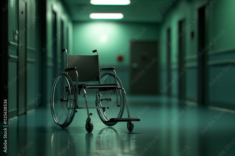 Empty wheelchair in dimly lit hospital corridor Empty wheelchair in dimly lit hospital corridor