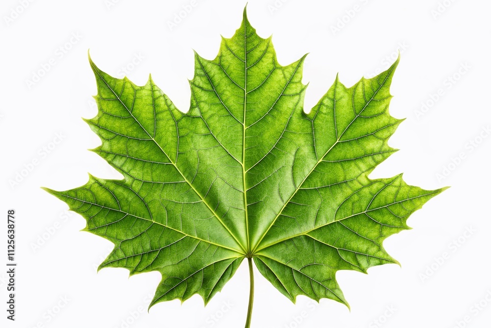 Isolated green maple leaf on a white backdrop highlights botanical details. A high-resolution, eco-friendly illustration capturing nature’s beauty with a minimalist touch. Isolated green maple leaf on a white backdrop highlights botanical details. A high-resolution, eco-friendly illustration capturing nature’s beauty with a minimalist touch.