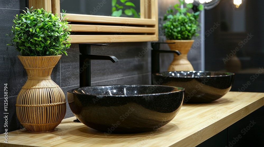 Sustainable washroom with water-saving faucets, bamboo shelves, and earthy stone tiles, offering a minimalist yet chic feel Sustainable washroom with water-saving faucets, bamboo shelves, and earthy stone tiles, offering a minimalist yet chic feel