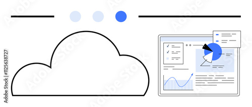 Cloud icon alongside a data analytics dashboard with charts and graphs. Ideal for cloud computing, data analysis, business intelligence, technology, finance, networking, web services. Line metaphor