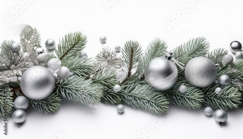 Christmas border decoration conifer silver on isolated white background