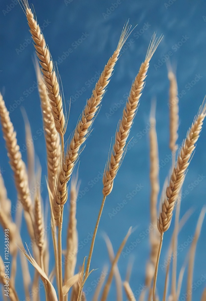 Softly swaying wheat stalks against a brilliant blue backdrop, soft focus, serene atmosphere Softly swaying wheat stalks against a brilliant blue backdrop, soft focus, serene atmosphere