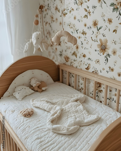 Adorable baby's cot with neutral-toned bedding, muslin swaddle, and floral wallpaper. Perfect for nursery decor, parenting blogs, or baby product advertising. photo