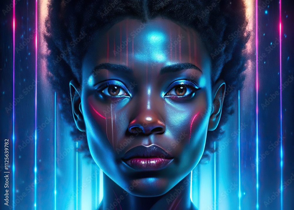 Abstract woman portrait with glass texture. Glitched and corrupted female face. Beautiful girl. Model hidden behind mirror pattern. Neon red and pink Reeded Glass. Ribbed Background.