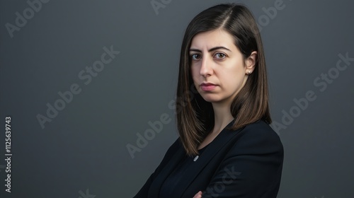 Woman with long brown hair and a black suit