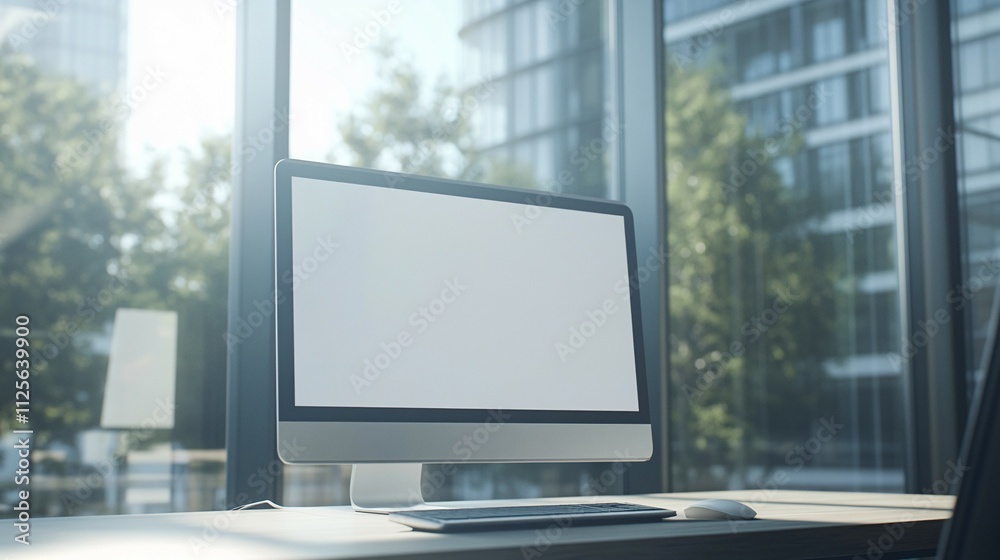 Fototapeta premium Modern desktop computer sits near window overlooking city