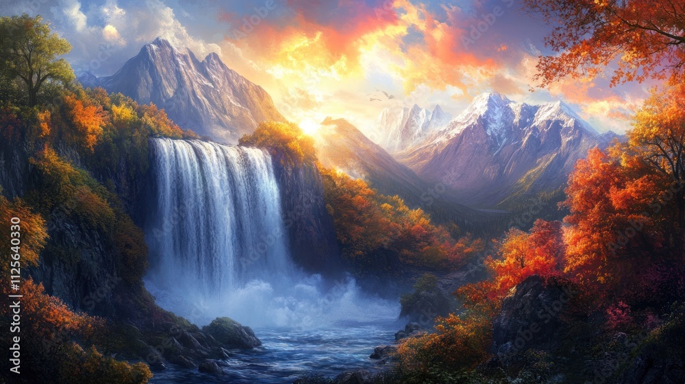 Fototapeta premium Majestic Autumn Waterfall in the Mountains: A Breathtaking Digital Painting