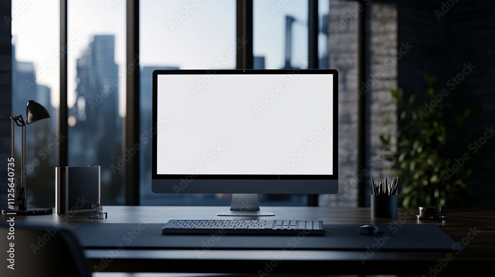 Modern Desktop Computer Workspace With City View Modern Desktop Computer Workspace With City View