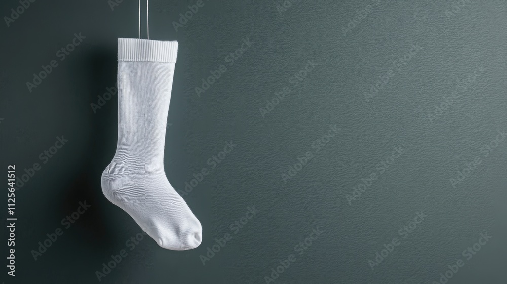 White sock hanging against green wall, simple and minimalist White sock hanging against green wall, simple and minimalist