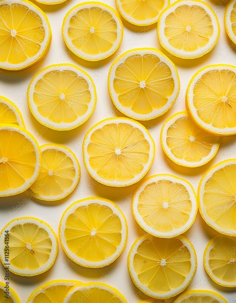 Vibrant yellow lemon slices on a white background. A refreshing summer image.
