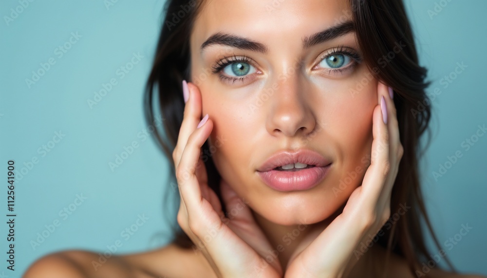 Close-up portrait of a woman with clear skin, gently touching her face, against a light blue background. Ideal for skincare and beauty concepts promoting healthy, radiant skin.

