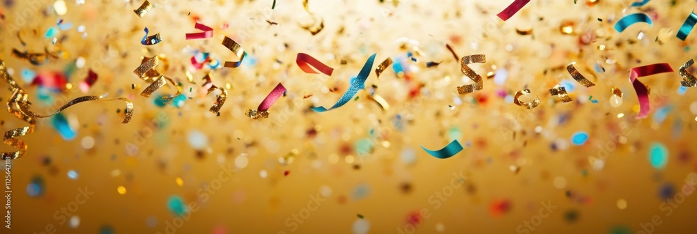 Falling confetti and curling ribbons fill the air, set against a shimmering golden background, perfect for a vibrant New Year celebration. Generative AI Falling confetti and curling ribbons fill the air, set against a shimmering golden background, perfect for a vibrant New Year celebration. Generative AI