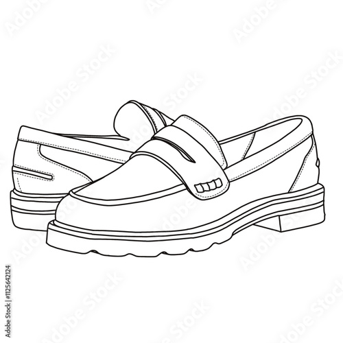 Women's Slip On Loafers Flat Casual Shoes Line art, Technical sketch hand drawing outline vector doodle side and rear view isolated on white background for coloring page