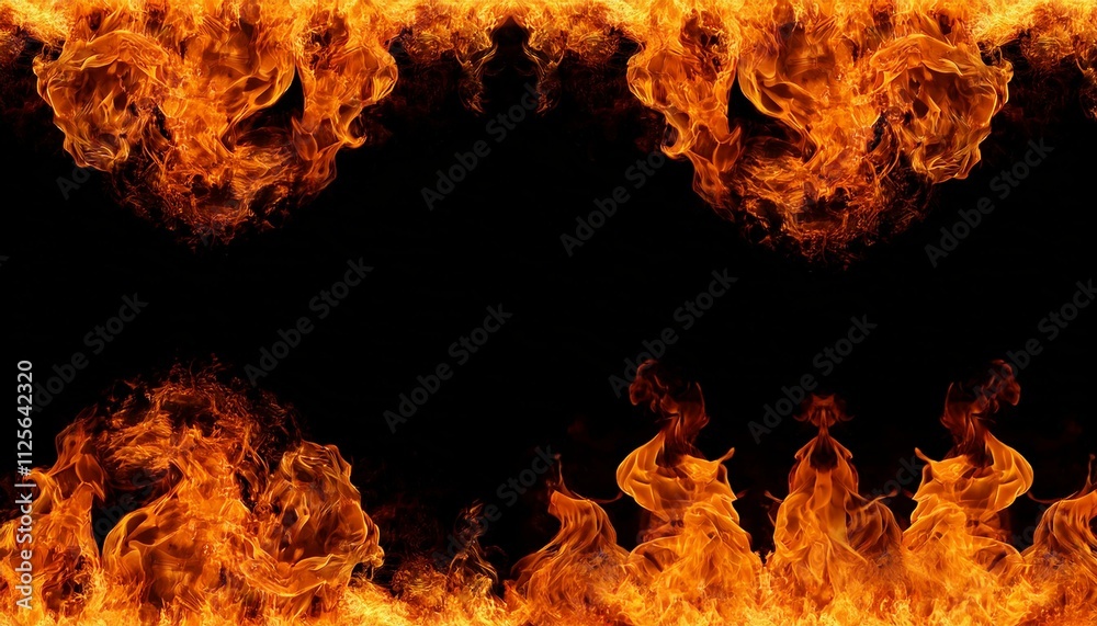 Fiery frame: Intense flames against a stark black backdrop. Fiery frame: Intense flames against a stark black backdrop.