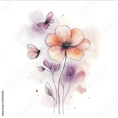 minimal watercolor sketch of flowers with beterfly around simple and minimal drawing for kids Nursery Wall Art Nursery soft purpul background watercolor illustration photo