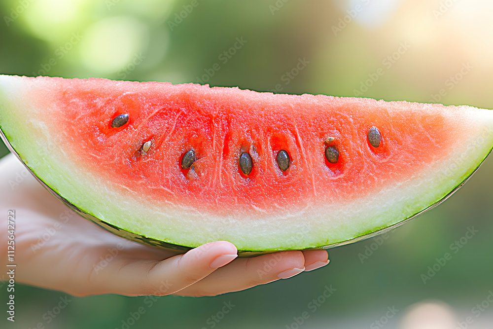Juicy watermelon slice held in hand, summer vibes, healthy eating, refreshing fruit. Juicy watermelon slice held in hand, summer vibes, healthy eating, refreshing fruit.