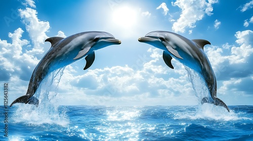 Two dolphins leap from the ocean, facing each other against a blue sky with white clouds and a bright sun. photo